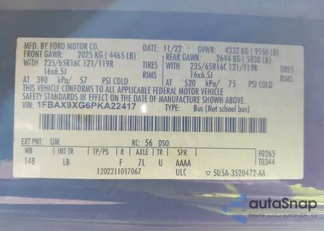 2023 Ford Transit-350 Passenger Van Xlt z USA, uszkodzony, nr VIN 1FBAX9XG6PKA22417